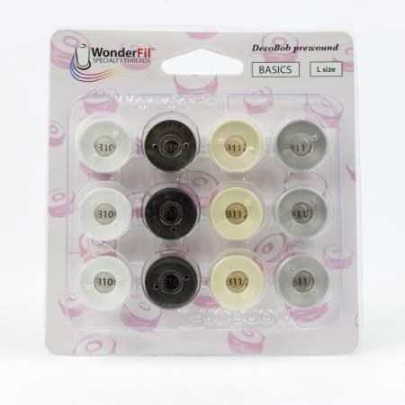 DecoBob Prewound Bobbins Size L 12ct Black White Cream Grey # DBPLBASIC