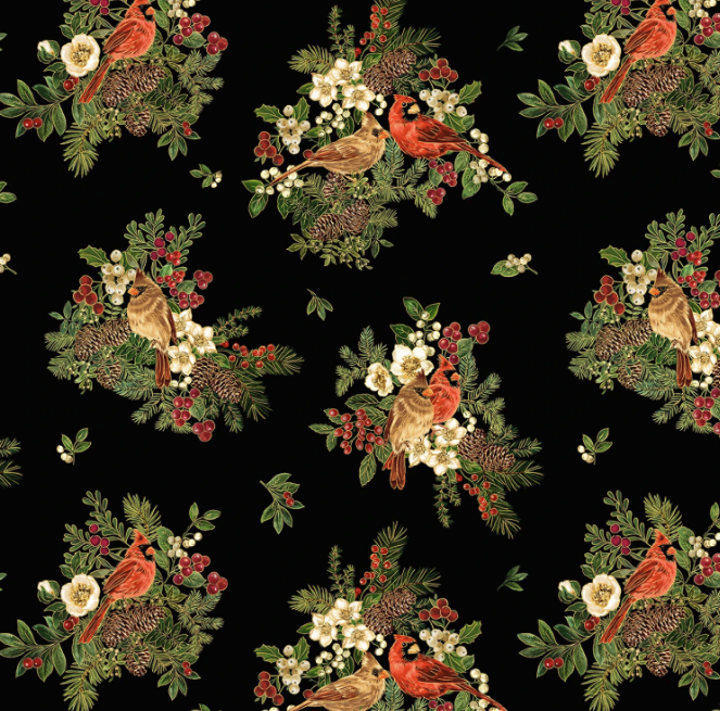 Merry Christmas Holiday - Cardinal On Floral Metallic - CM4145 BLK