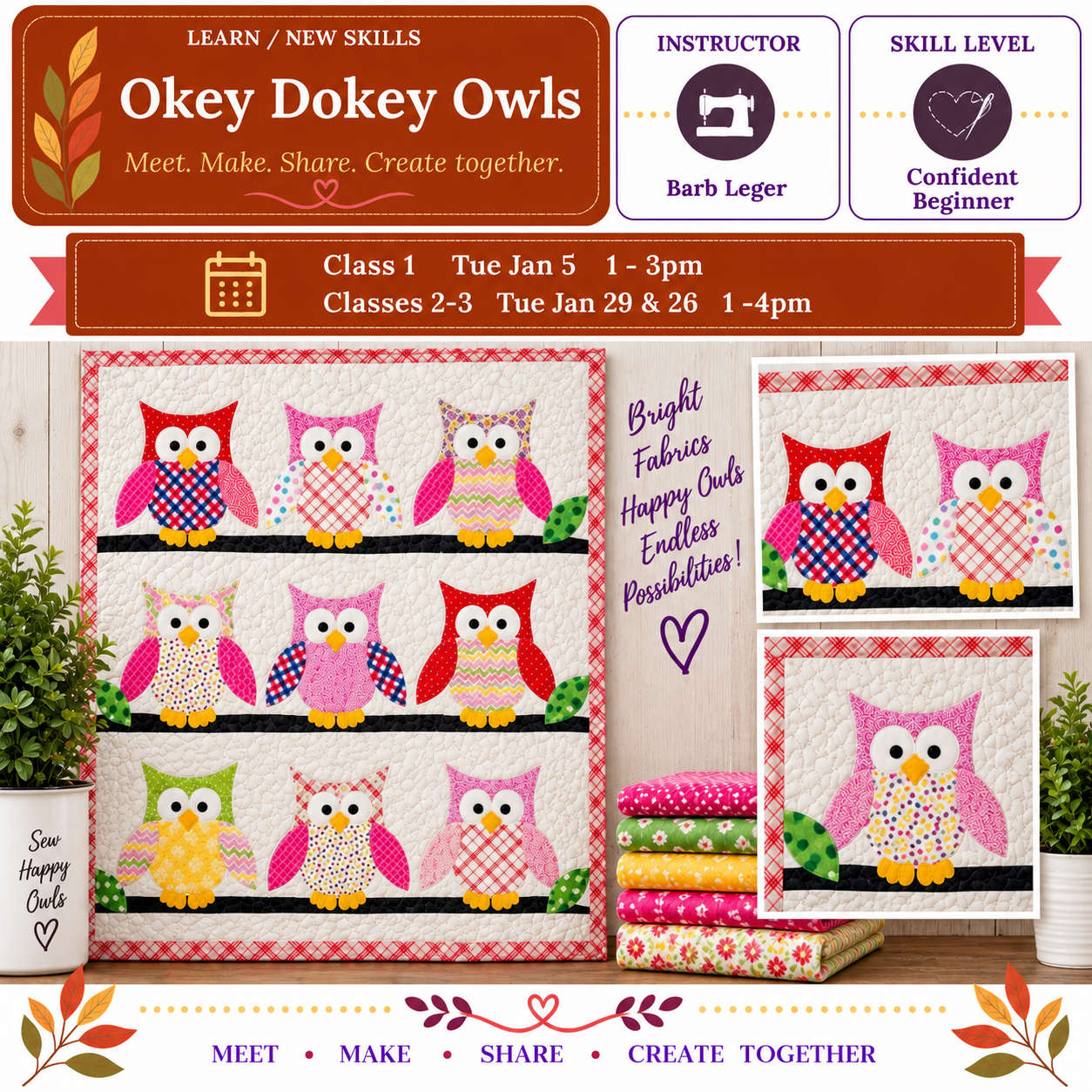 Okey Dokey Owls Appliqué - Starts Tue Jan 5 @1pm