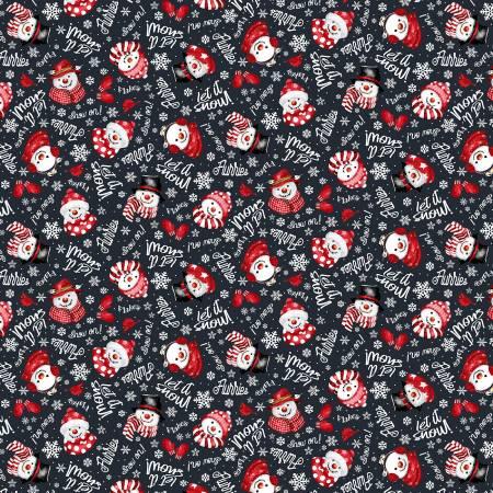 Snow Crew - Black Snowman Faces and Words Flannel # F1289-98