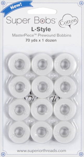 Super Bobs MasterPiece Cotton 70yd Prewound Bobbins 12ct L-Style Blanc # 149-12-186
