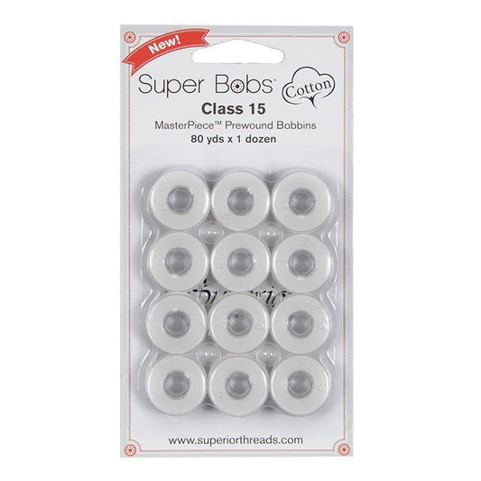Super Bobs MasterPiece Cotton 80yd Prewound Bobbins 12ct Class 15 - Blanc- 150-12-186