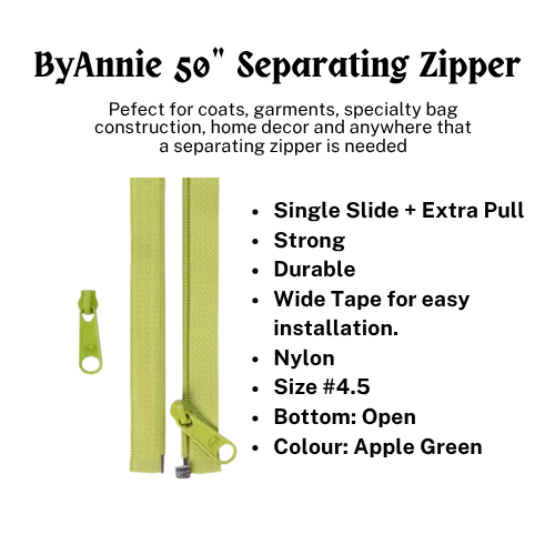 Zipper - 50" Separating + Extra Slide - Applie Green # ZIP50-200