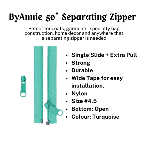 Zipper - 50" Separating + Extra Slide - Turquoise # ZIP50-212