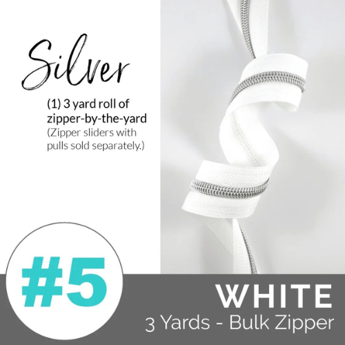 Zipper - Emmaline By The Yard - Size 5 - White W/Silver Coil