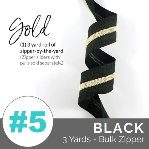 Zippers by the Yard - Size #5 - Black/Light Gold Coil - No Pulls - EBZP5BLK3GO