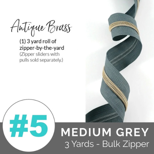 Zippers by the Yard - Size #5 - Medium Grey/Antique Brass Coil - No Pulls - EBZP5-GRY3AB