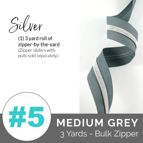 Zippers by the Yard - Size #5 - Medium Grey/Silver Coil - No Pulls - EBZP5-GRY3SL