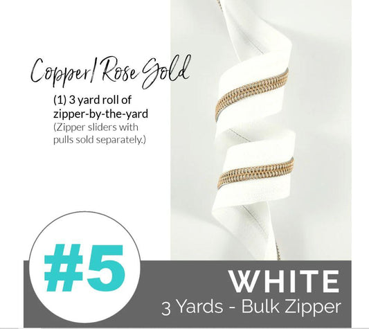 Zippers by the Yard - Size #5 - White/Copper/Rose Gold Coil - No Pulls - EBZP5WHT3CP