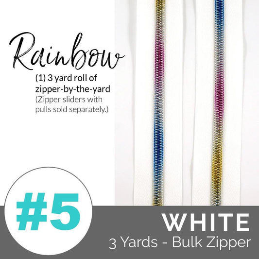 Zippers by the Yard - Size #5 - White/Rainbow Coil - No Pulls - EBZP5-WHT3RN