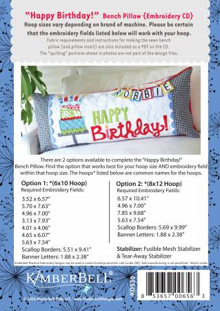Happy Birthday Bench Pillow (Machine Embroidery) # KD530 - Special Order