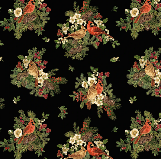 Merry Christmas Holiday - Cardinal On Floral Metallic - CM4145 BLK