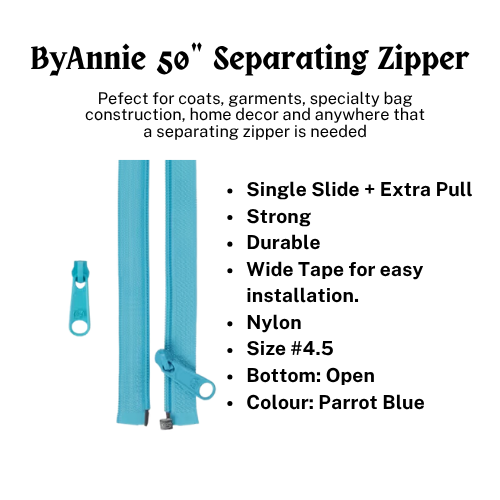 Zipper - 50" Separating + Extra Slide - Parrot Blue # ZIP50-214