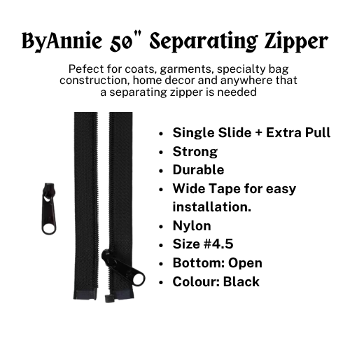 Zipper - 50" Separating + Extra Slide- Black # ZIP50-100