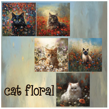 Zipper Bag Panel Cat Floral Watercolor  New Style 420 10panels