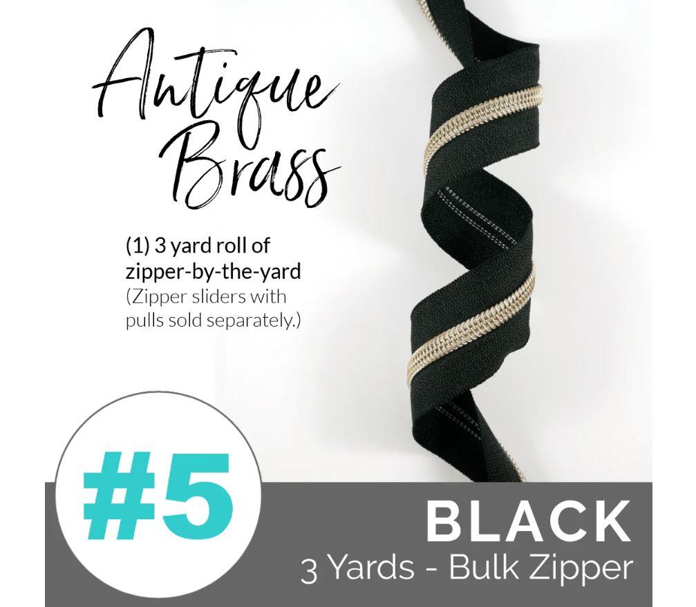 Zippers by the Yard - Size #5 - Black/Antique Gold  Coil - No Pulls - EBZP5BLK3AB