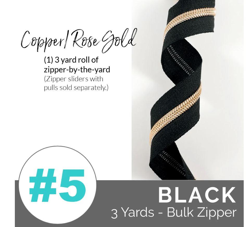 Zippers by the Yard - Size #5 - Black/Rose Gold  Coil - No Pulls - EBZP5BLK3CP
