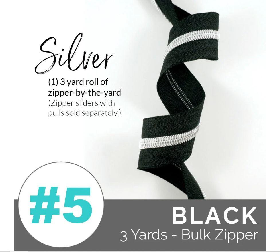 Zippers by the Yard - Size #5 - Black/Silver Coil - No Pulls - EBZP5BLK3SL