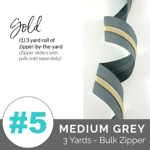 Zippers by the Yard - Size #5 - Medium Grey/Light Gold  Coil - No Pulls - EBZP5-GRY3LTGO