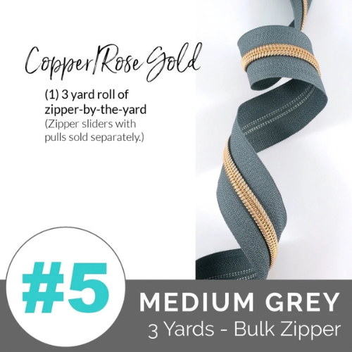 Zippers by the Yard - Size #5 - Medium Grey/ Rose Gold  Coil - No Pulls - EBZP5-GRY3RSG