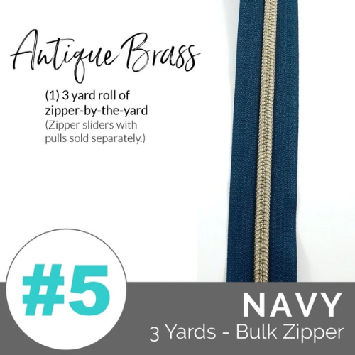 Zippers by the Yard - Size #5 - Navy/Antique Brass  Coil - No Pulls - EBZP5-NVY3AB