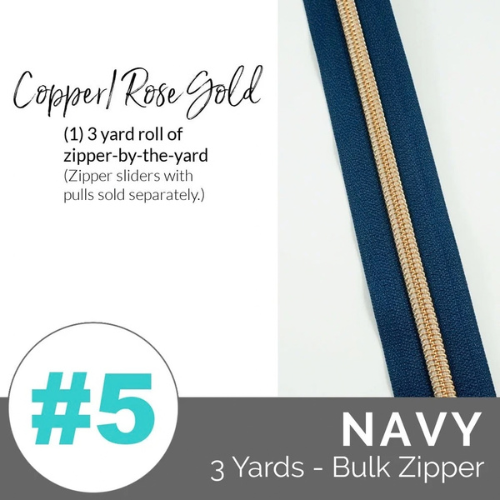 Zippers by the Yard - Size #5 - Navy/Rose Gold  Coil - No Pulls - EBZP5-NVY3RSG
