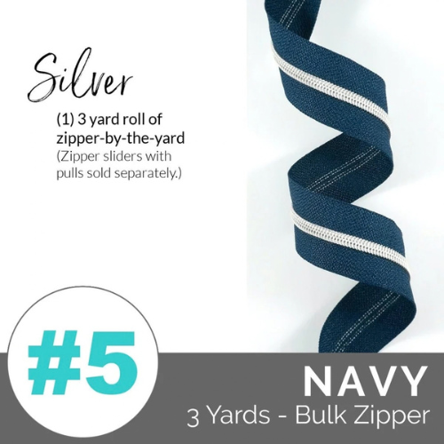 Zippers by the Yard - Size #5 - Navy/Silver  Coil - No Pulls - EBZP5-NVY3SL