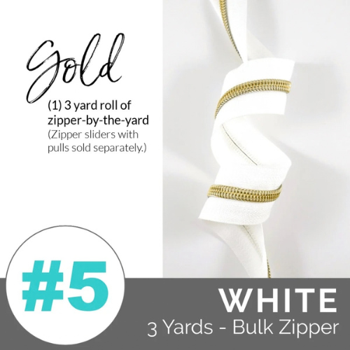 Zippers by the Yard - Size #5 - White/Gold  Coil - No Pulls - EBZP5WHT3GO