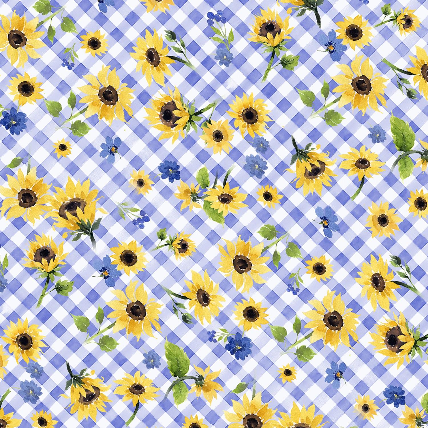Sunflower Bouquets - Digital Floral Check - Periwinkle - Y3910-85