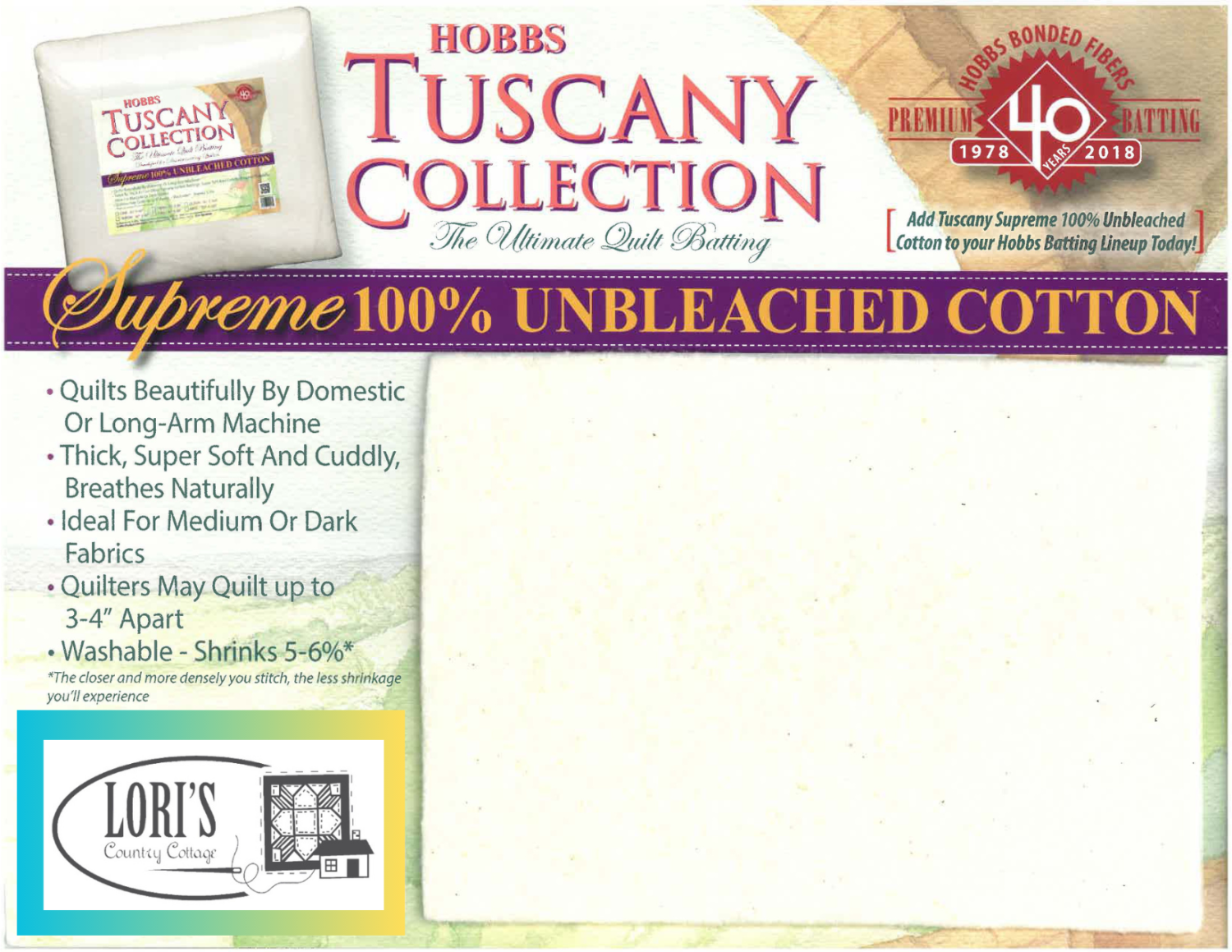 Tuscany Supreme Unbleached Cotton Batting -