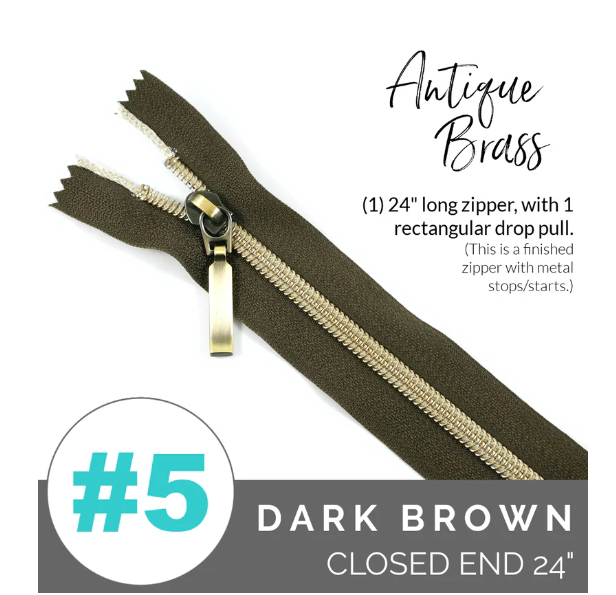 Zipper - Emmaline - 24" - Size #5 - Dark Brown/Antique Brass Coil - EBZP5-DKB24AB